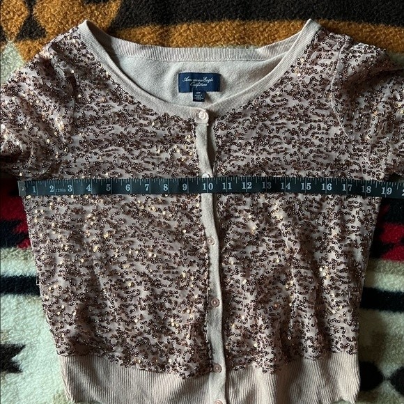 AMERICAN EAGLE OUTFITTERS Rose Gold Sequin Cardigan 3/4 Sleeve Medium Sweater - Picture 10 of 12